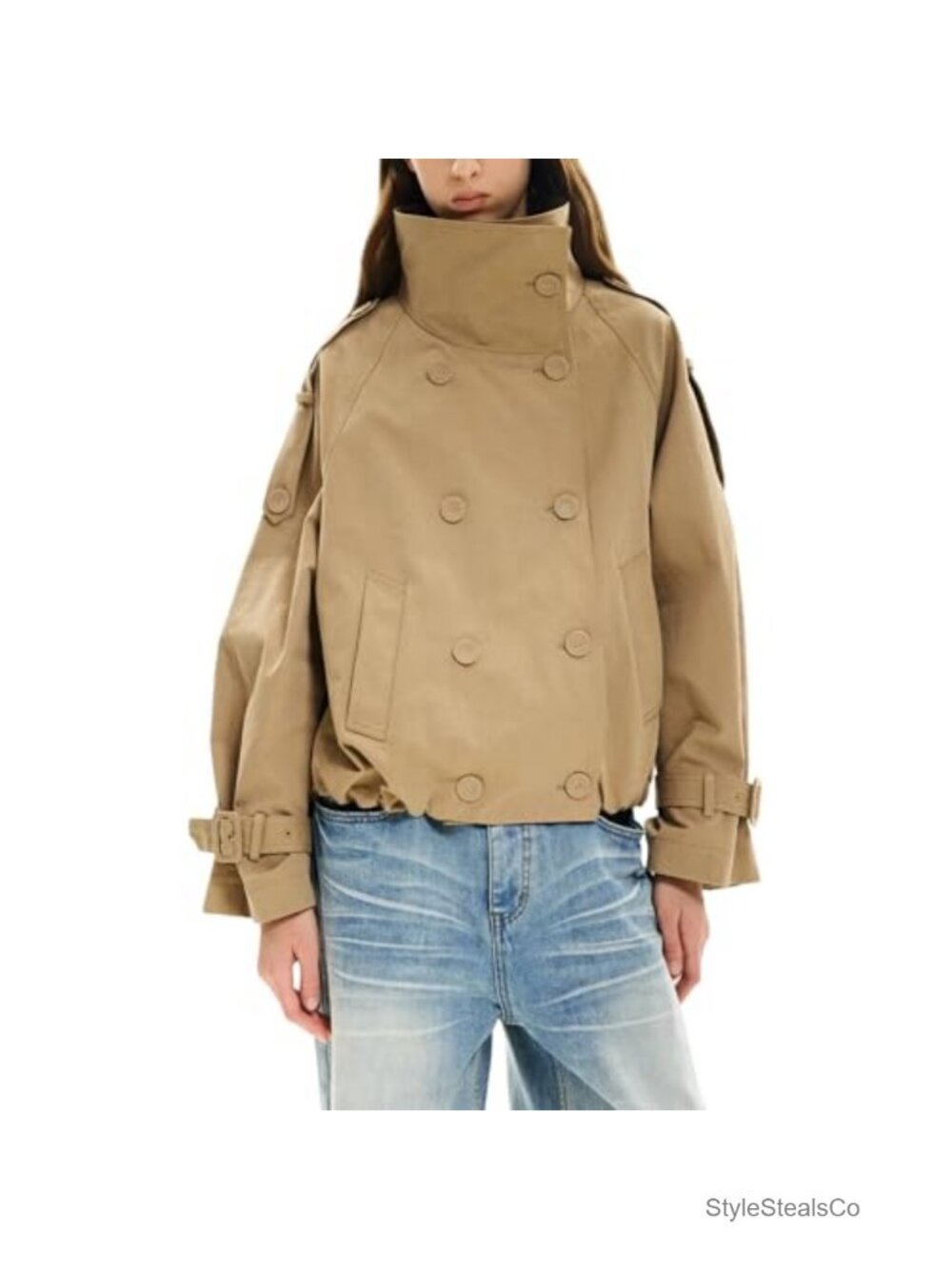 Women's Cropped Trench Coat Funnel Neck Double Breasted Pleated Hem Trendy